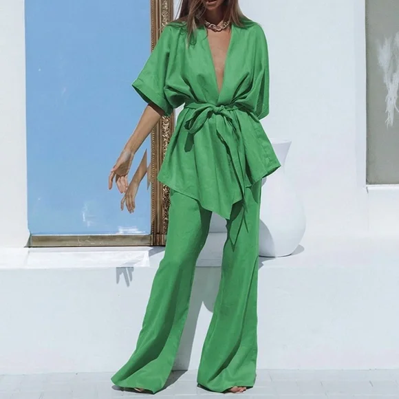 Commense Green Wide Leg Pants with Tie Waist - Picture 16 of 16
